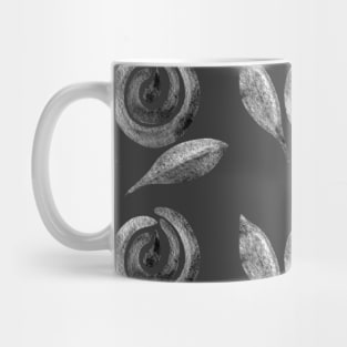 Trendy seamless black-white pattern with winter flowers and leaves, isolated. Boho watercolor roses, peonies in trendy earthy colors, tones. Botanical illustration for the fabric, covers, packaging. Mug
